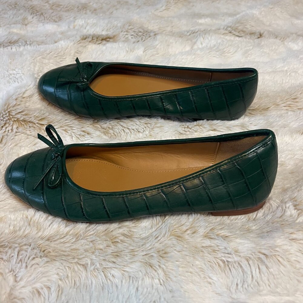J. Crew Factory Dark Green Croc-Embossed Leather Ballet Flats